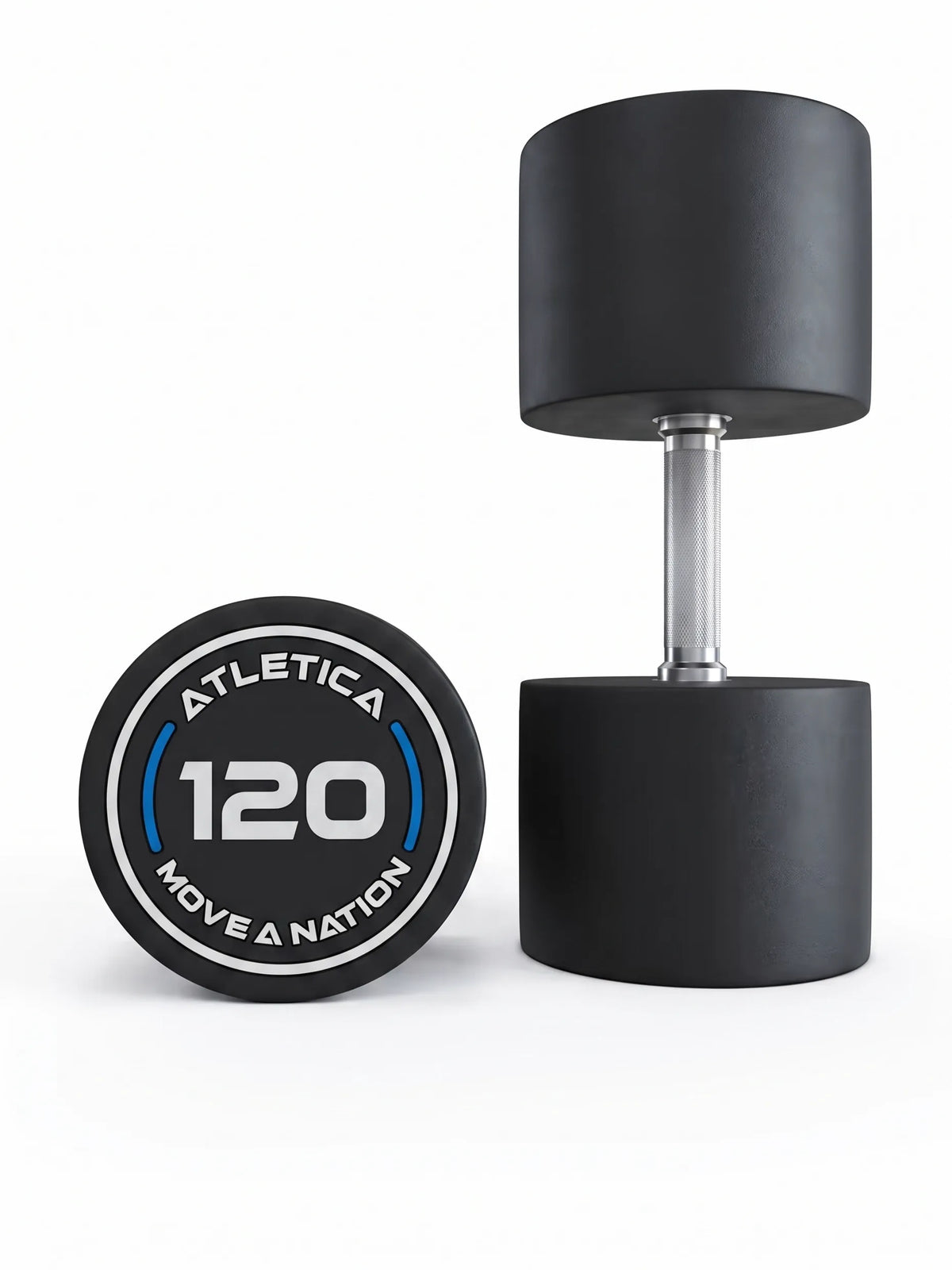Round Dumbbells PRO In Pairs - two Dumbbells, one standing, one lying, black design, made of polyurethane