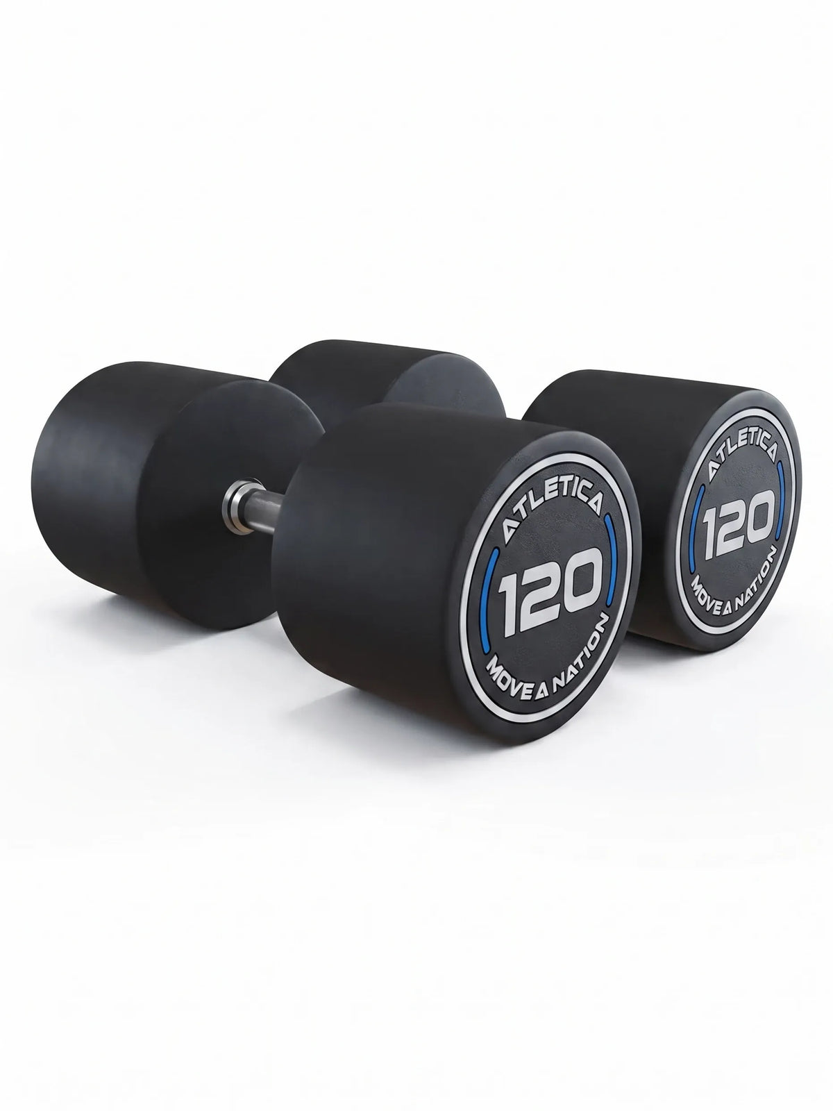 Atletica Round Dumbbells PRO in pairs - two black dumbbells, weight 130 lb, silver handles, made of polyurethane