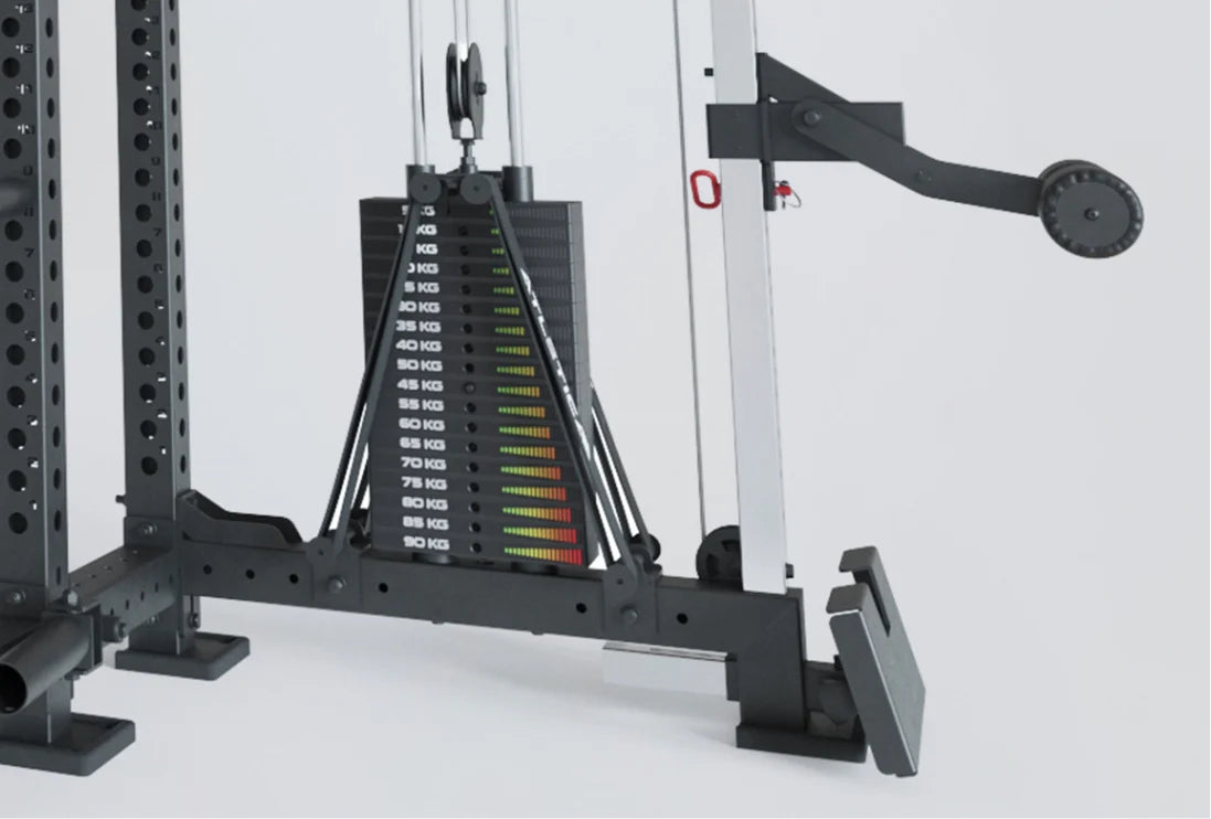 Höhenverstellbar Kabelzug mit Fußstütze für Ruderübungen und einem 90 kg Gewichtsblock zur Feinjustierung