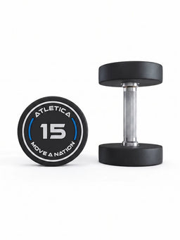 Round Dumbbells PRO 15 lb Pair - one dumbbell standing, one lying