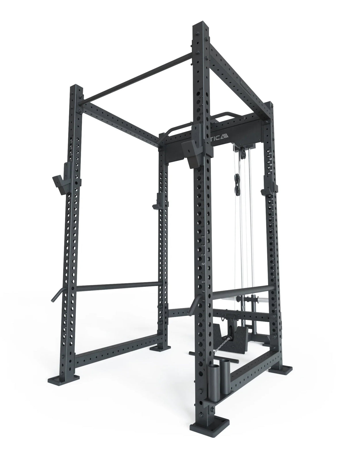 R8 Blaster Power Rack – with Lat Pulldown, 4 J-Hooks, Pull-Up Bar, Safeties, Logo Plate
