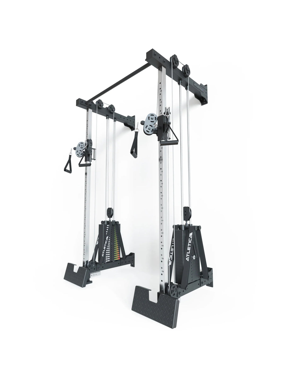Atletica R8 Duality wall-mounted dual cable station with weight stacks, angled view