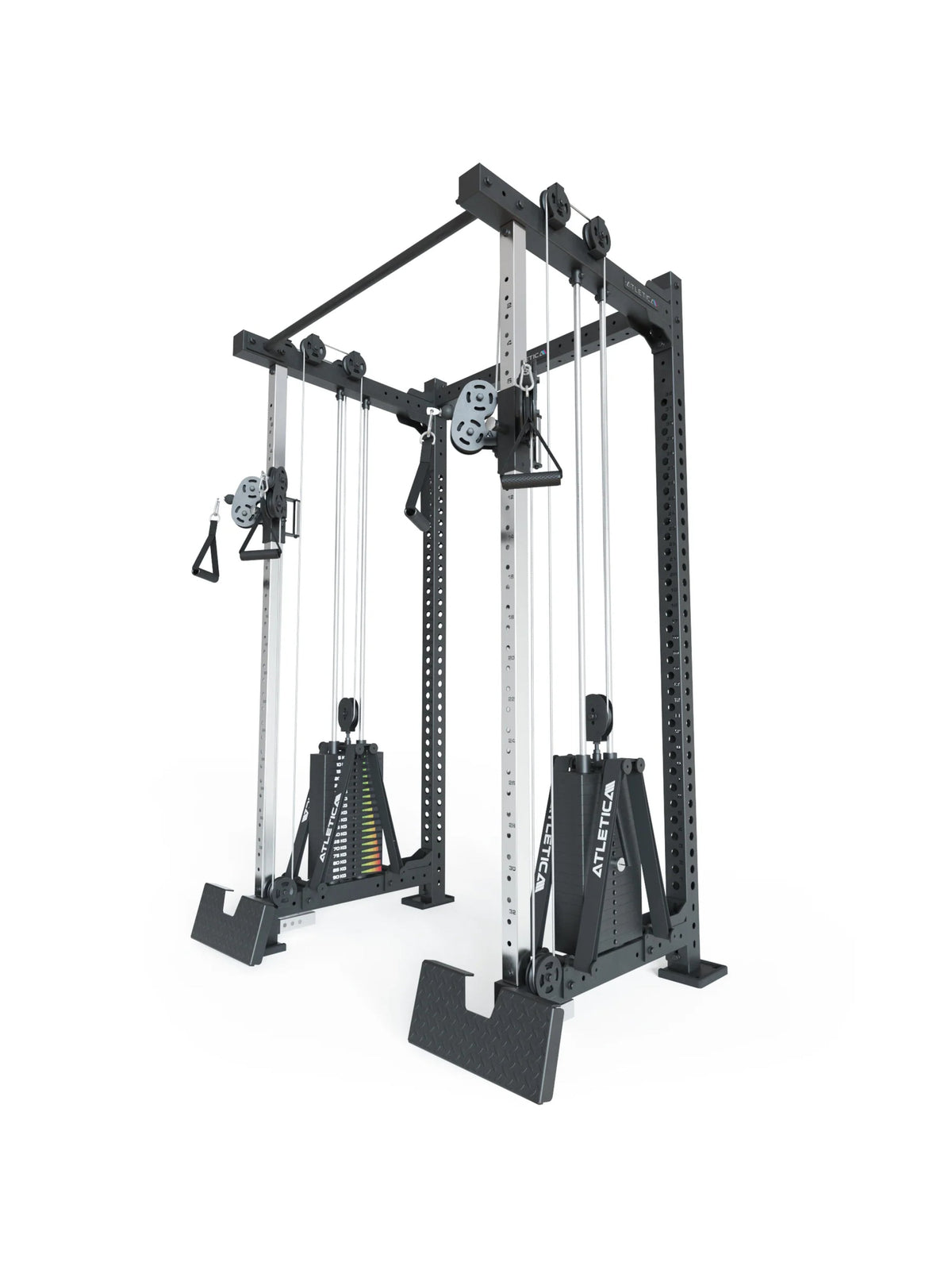 Atletica R8 Duality standalone cable rack with two weight stacks, angled view