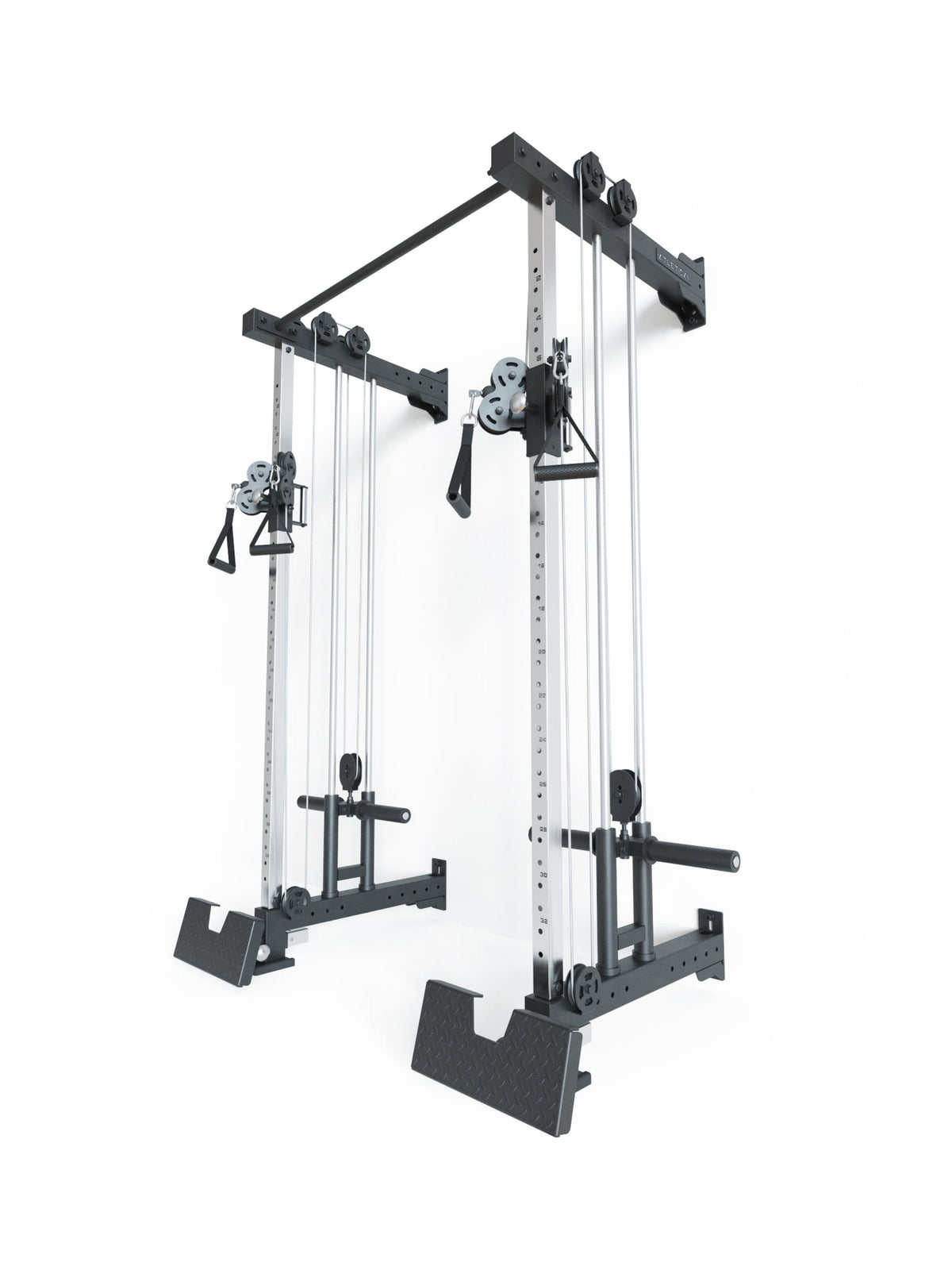 Atletica R8 Duality wall-mounted plate-loaded dual cable station, angled view