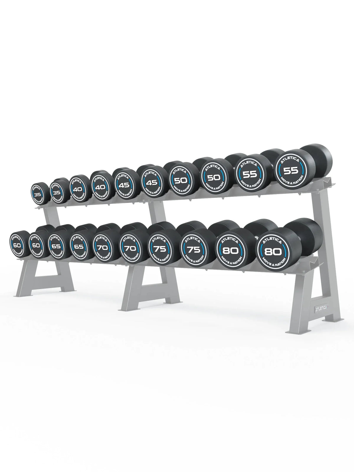 Atletica Round Dumbbells PRO Set 5 All-In High 35 to 80 lb on Dumbbell Stand
