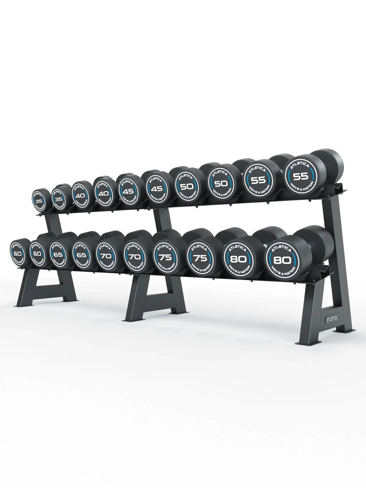 Round Dumbbells PRO Set 5 All-In High with Dumbbells from 35 to 80 lb on Two Shelves