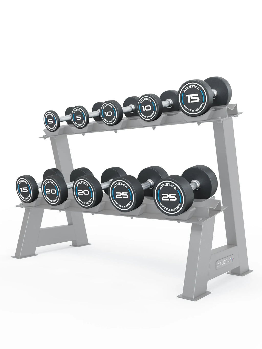 Round Dumbbells PRO Set 1 Beginner on dumbbell stand with ten black round dumbbells