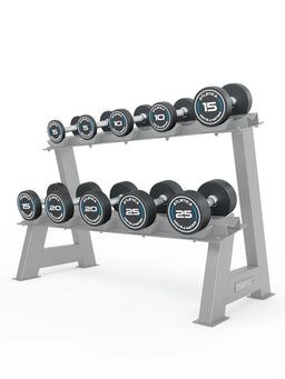 Round Dumbbells PRO Set 1 Beginner on dumbbell stand with ten black round dumbbells