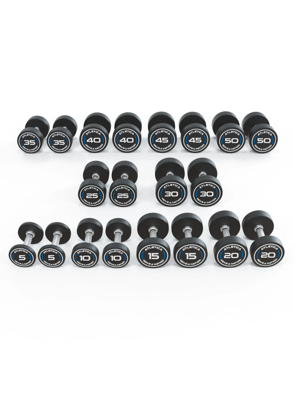 Atletica Round Dumbbells PRO Set 4 All-In Low 5 to 50 lb with black Dumbbells in two Rows