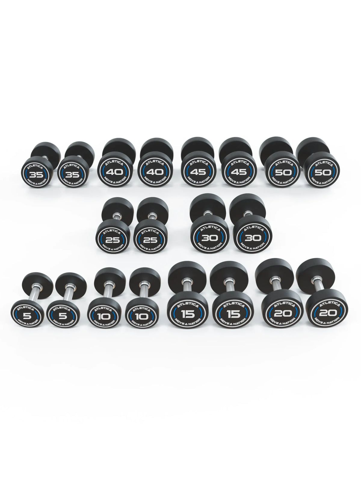 Atletica Round Dumbbells PRO Set 4 All-In Low 5 to 50 lb with black Dumbbells in two Rows