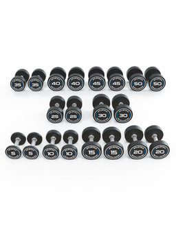 Atletica Round Dumbbells PRO Set 4 All-In Low 5 to 50 lb with black Dumbbells in two Rows