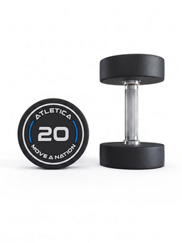 Round Dumbbells PRO 20 lb pair - two black dumbbells with silver grip