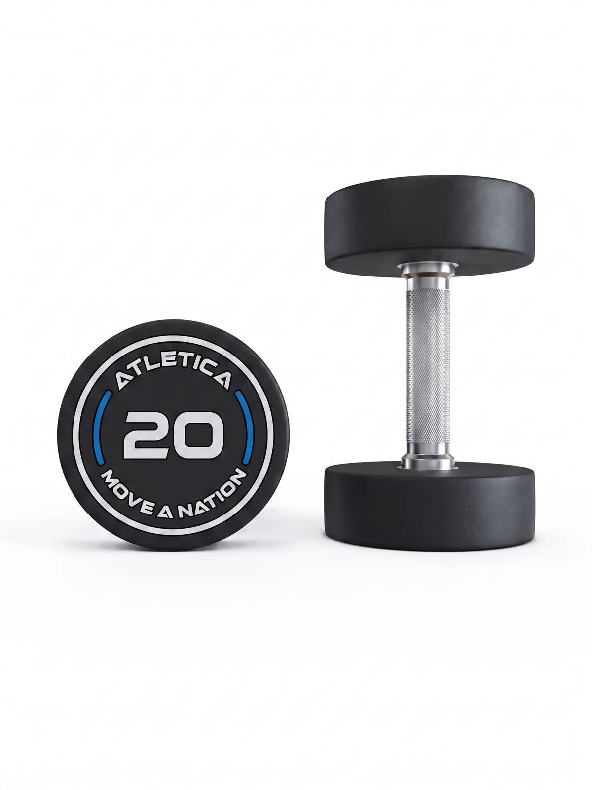 Round Dumbbells PRO 20 lb pair - two black dumbbells with silver grip