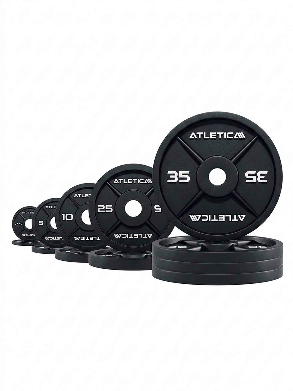 Iron Plates 225 lb Set with black weight plates, stacked and standing upright