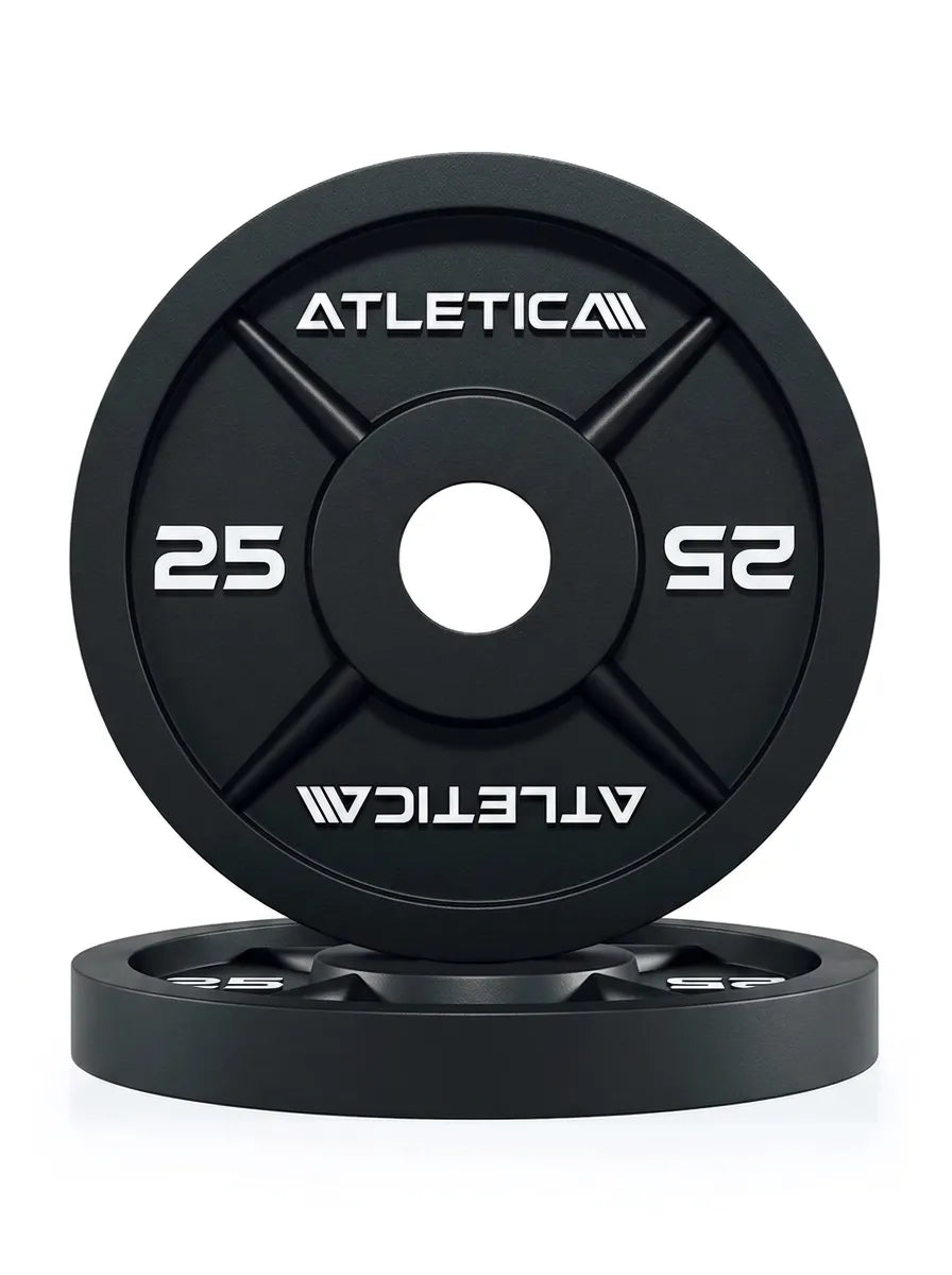 Atletica Iron Plates - Two black Cast Iron weight plates, 25 lb each, with central hole