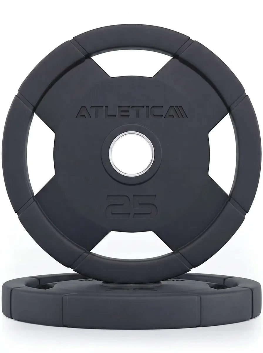 Atletica 4H grip plates pair 25 lb, black rubber-coated, one standing on one lying, front view