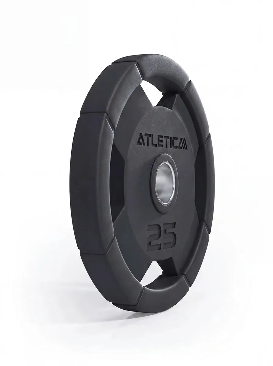 Atletica 4H gripper plate 25 lb standing upright, side angled view