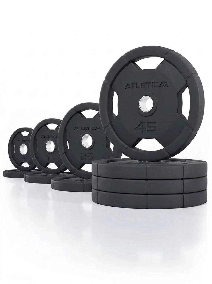 Atletica 4H Grip Plates set 260 lb, 45 lb plate standing on a stack of plates