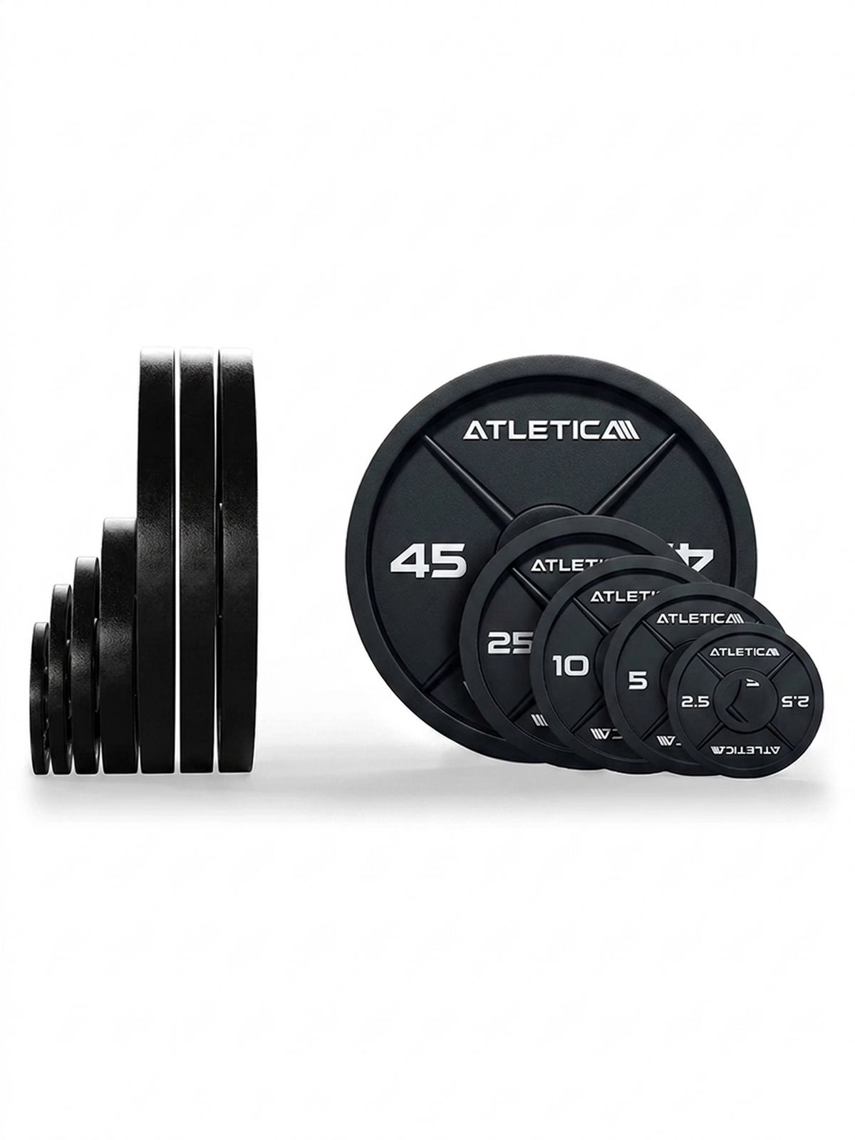Iron Plates 265 lb Set with black weight plates, stacked and side by side