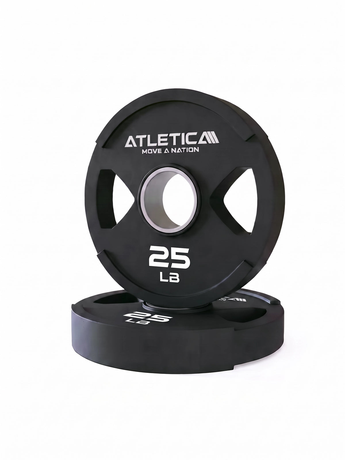 2H Gripper Plates 25 lb weight plate with stainless steel ring - resting pair, perspective view