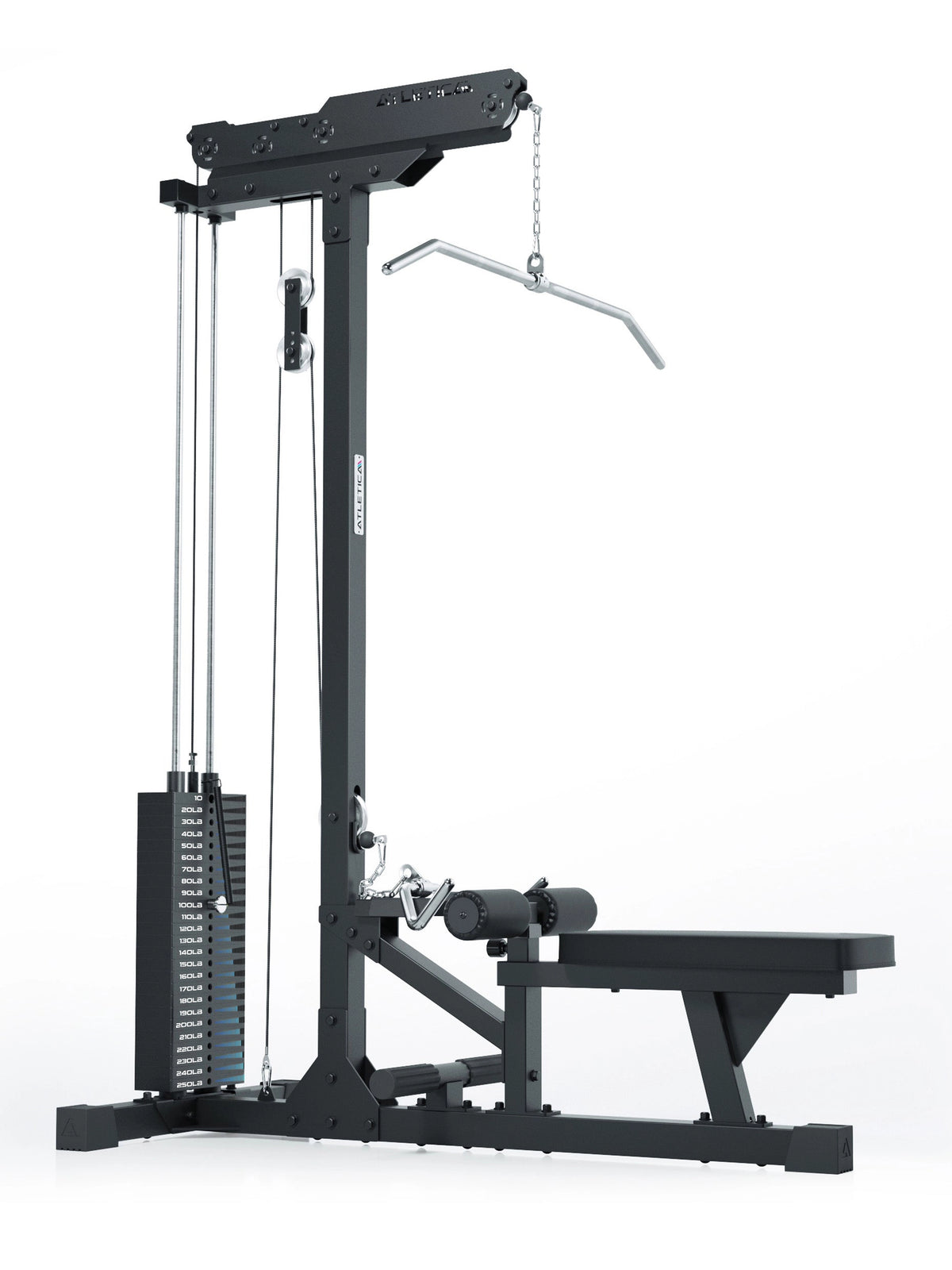 Low Row with integrated lat pulldown, weight stack and sturdy padded bench