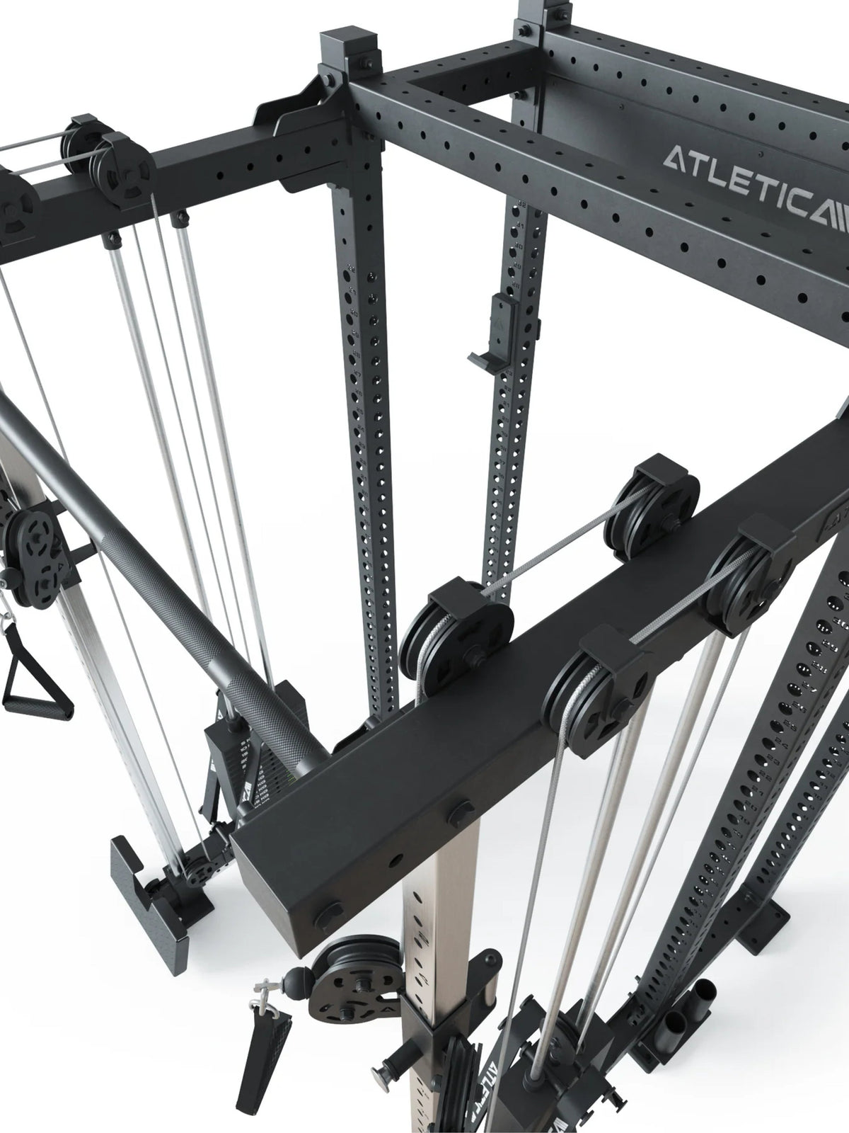 Atletica R8 Duality PRO power rack, short depth, close-up of the top pulleys