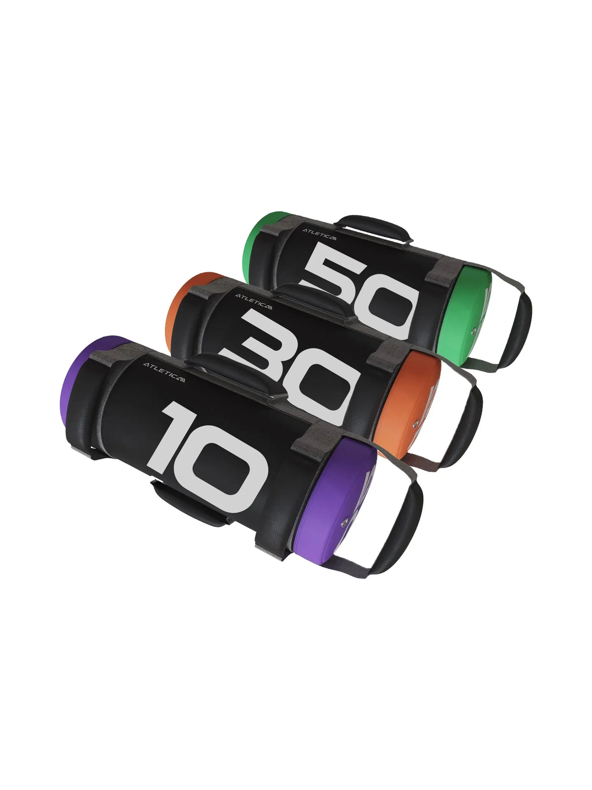 Power Bag Set 10, 30 and 50 lb with handles, colored ends in purple, orange, green