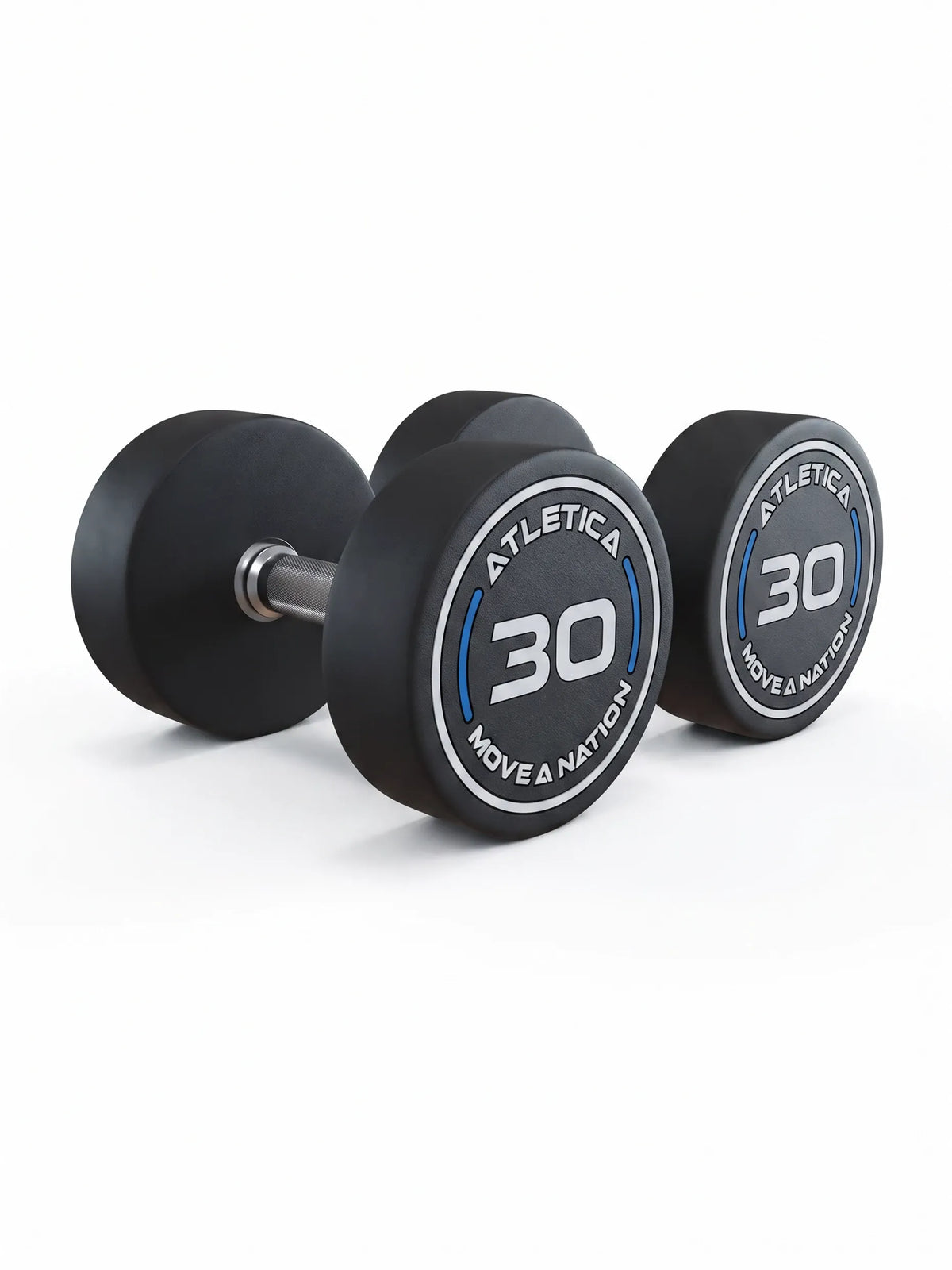 Round Dumbbells PRO In Pairs - two black Dumbbells, 35 lb each, with silver handle, made of polyurethane, for Dumbbell strength training