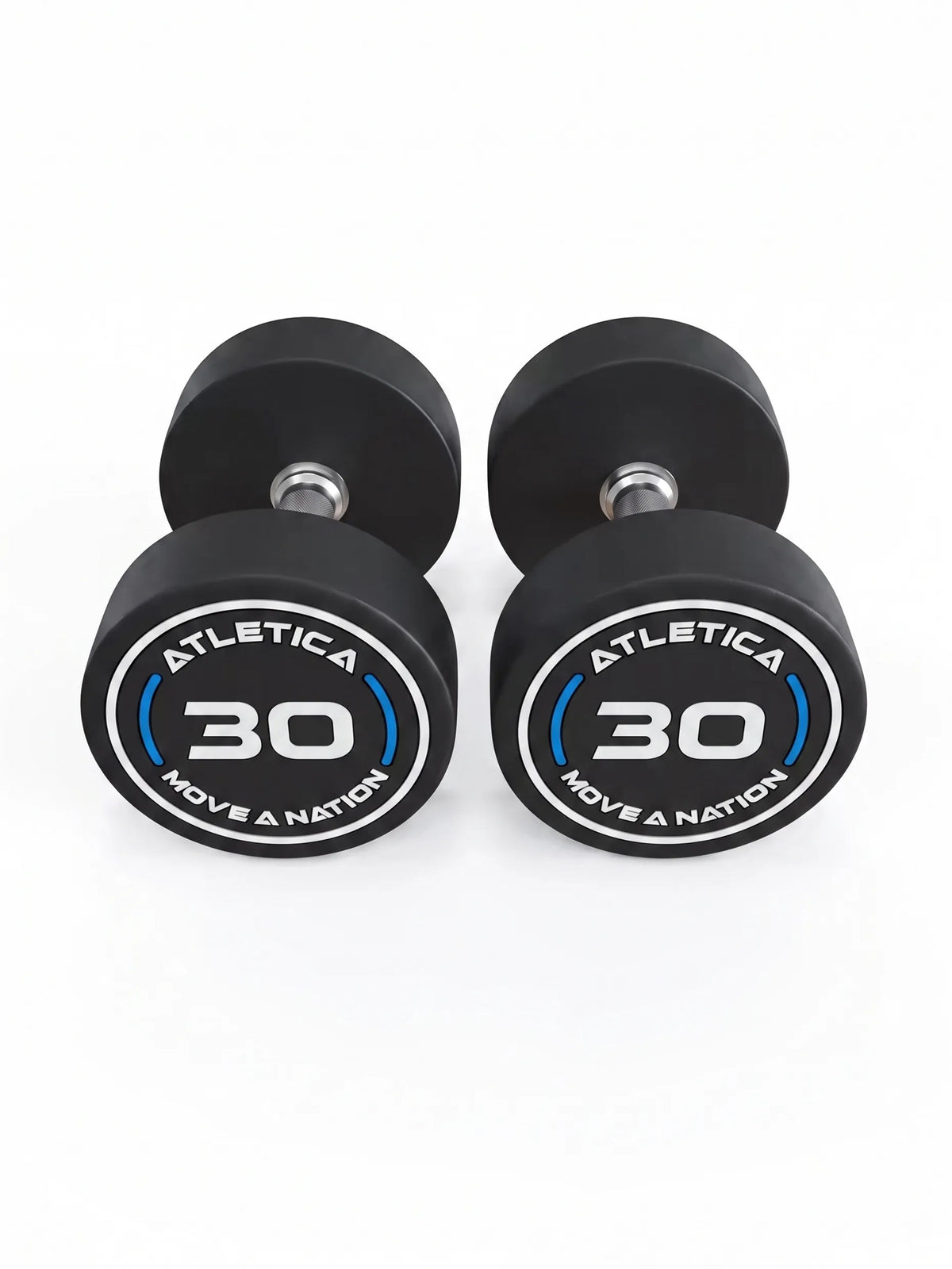 Round Dumbbells PRO in pairs - two black dumbbells, 35 lb each, blue accents, made of polyurethane, for dumbbell strength training