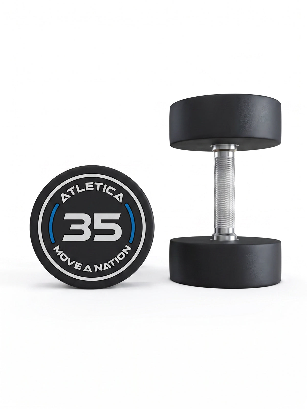 Round Dumbbells PRO 35 lb Pair - black dumbbells with silver handle
