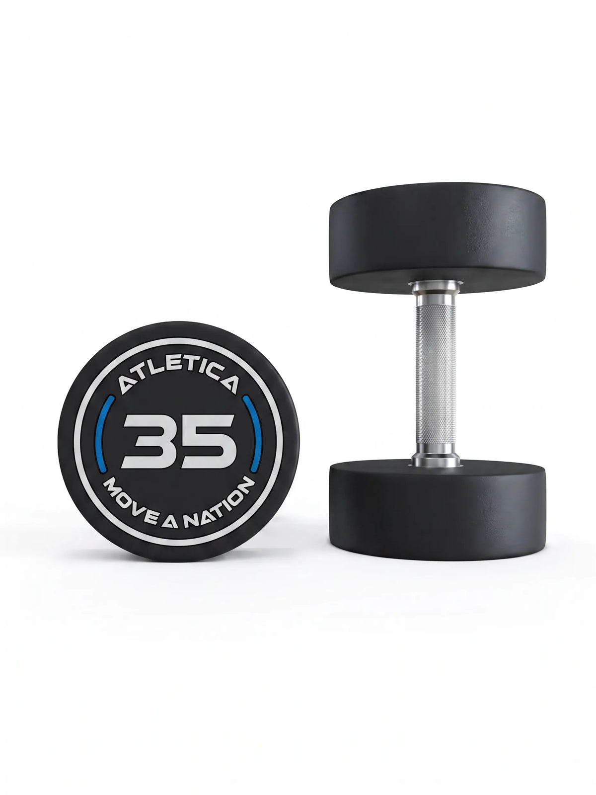Round Dumbbells PRO 35 lb Pair - one dumbbell standing, one lying