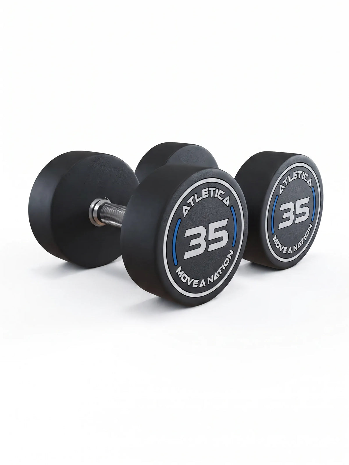 Weights: Round Dumbbells, Polyurethane Round Dumbbells (Pair)- Straight handle with hard-chrome | CNC-milled steel core | In pairs from 5 to 130 lb