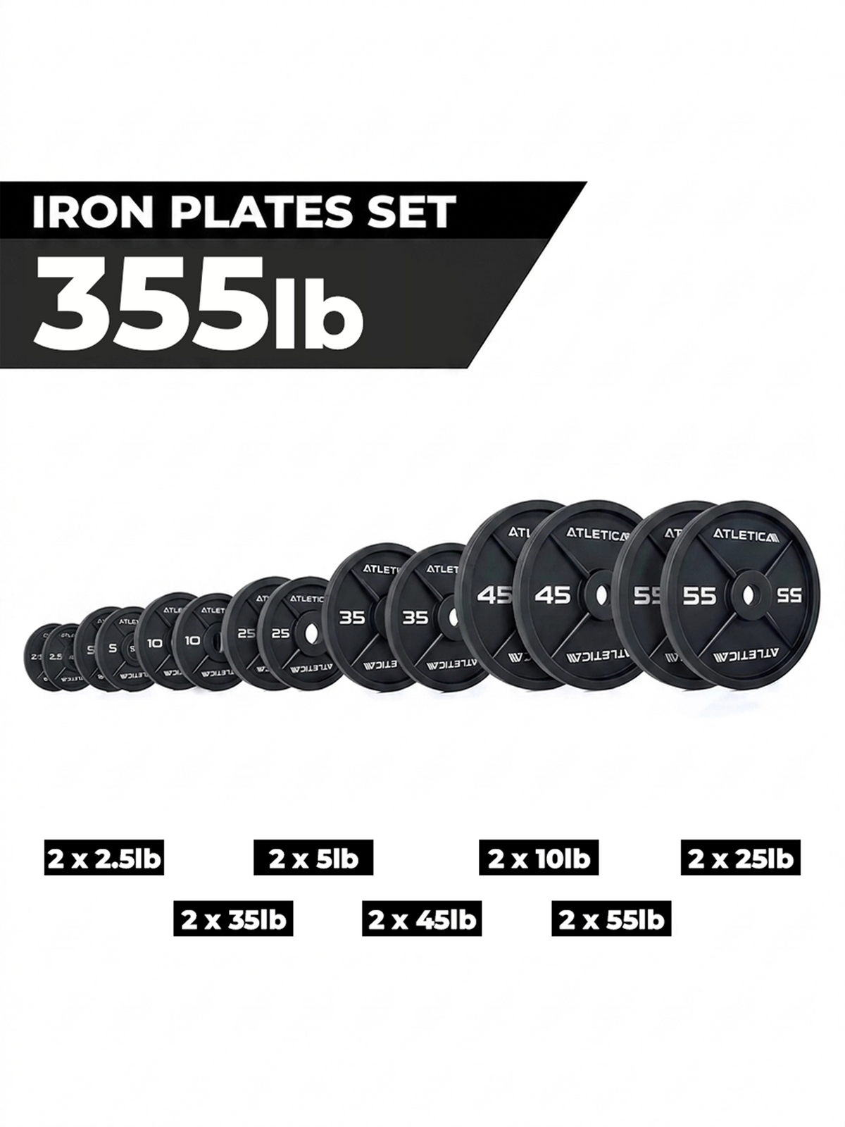 Iron Plates 355 lb Set with weight plates from 2.5 to 55 lb