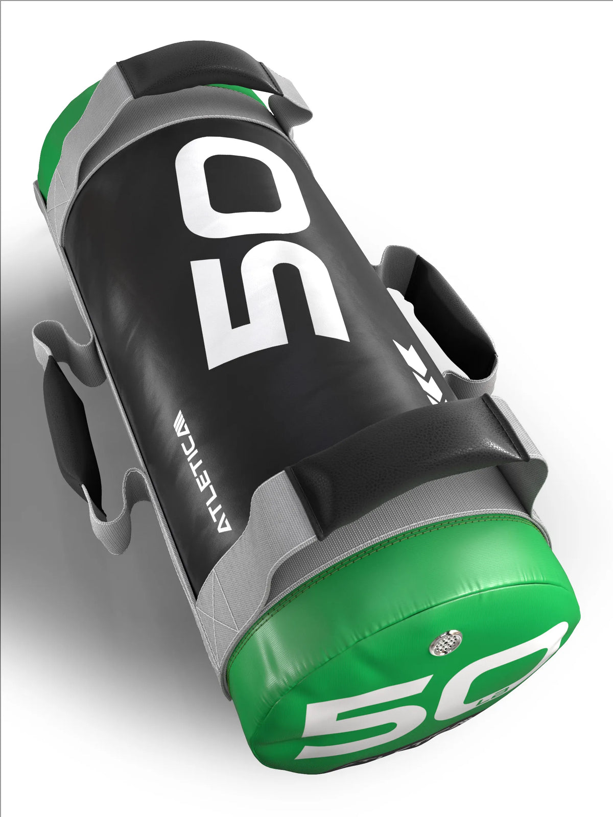 Atletica power bag 50 lb, black and green, with handles, angled view