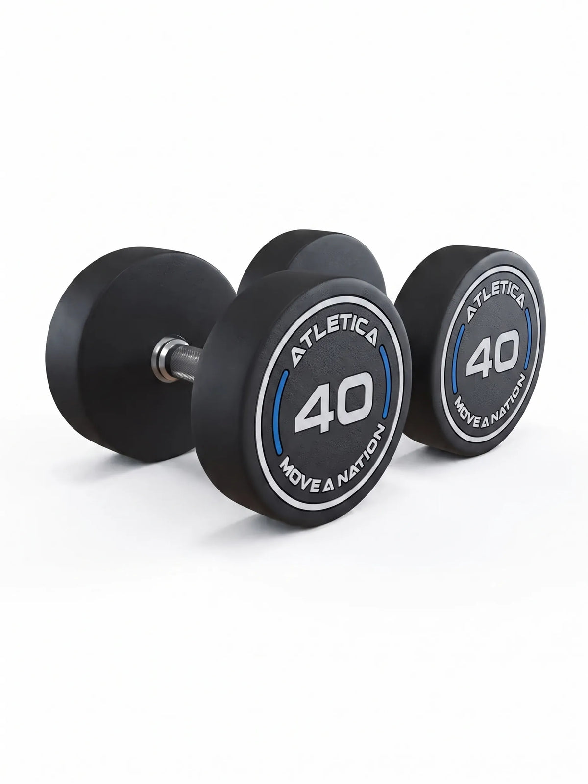 Round Dumbbells PRO in pairs - two dumbbells, one standing, one lying, black design, silver handle, made of polyurethane