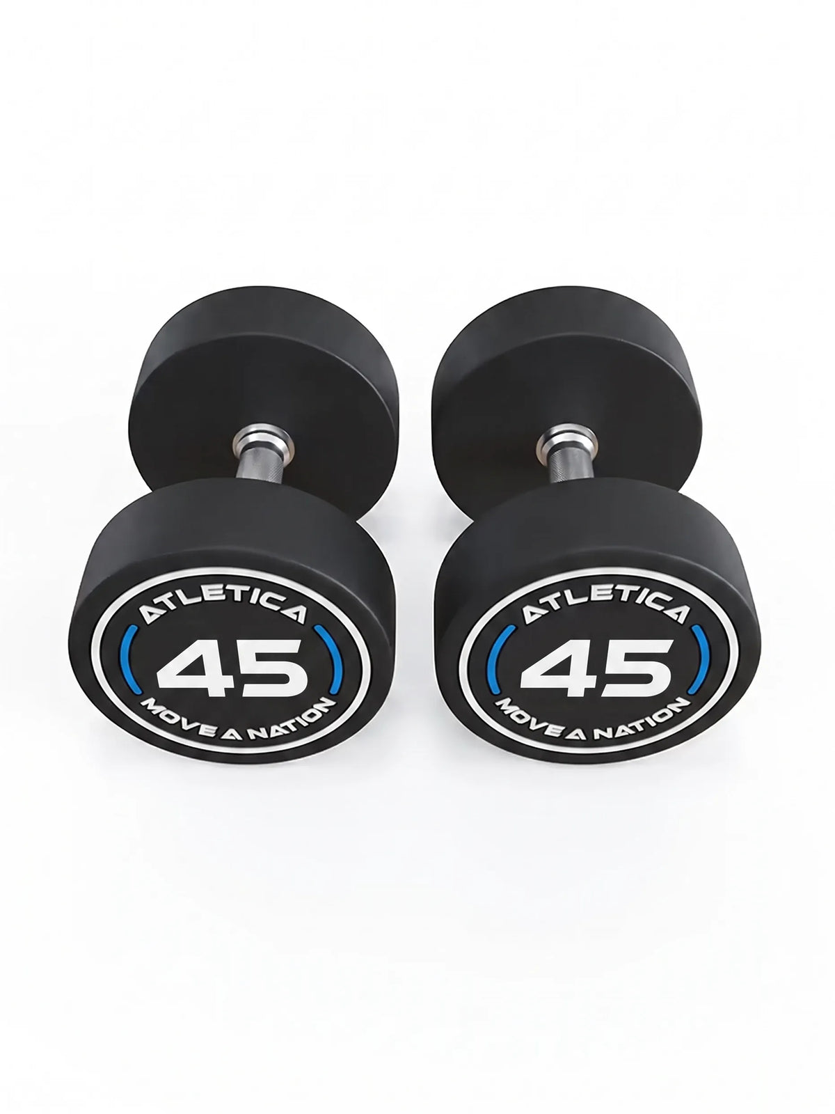 Round Dumbbells PRO in pairs - two black dumbbells, 50 lb each, with silver handle, made of polyurethane, for dumbbell strength training
