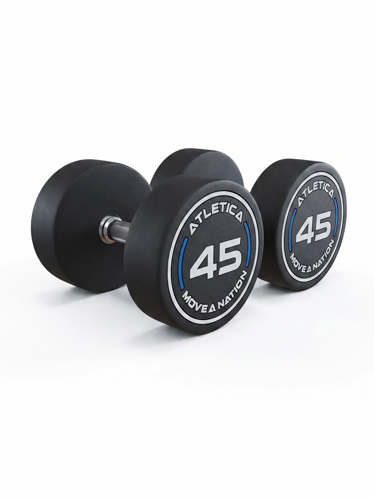 Round Dumbbells PRO In Pairs - Two black dumbbells, weight 50 lb, silver grips, made of polyurethane, for dumbbell strength training