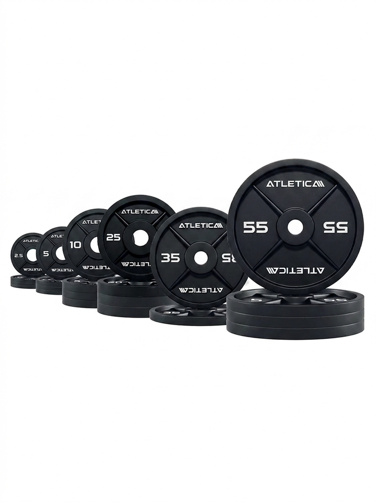 Iron Plates 460 lb Set with black weight plates in various weights, lined up