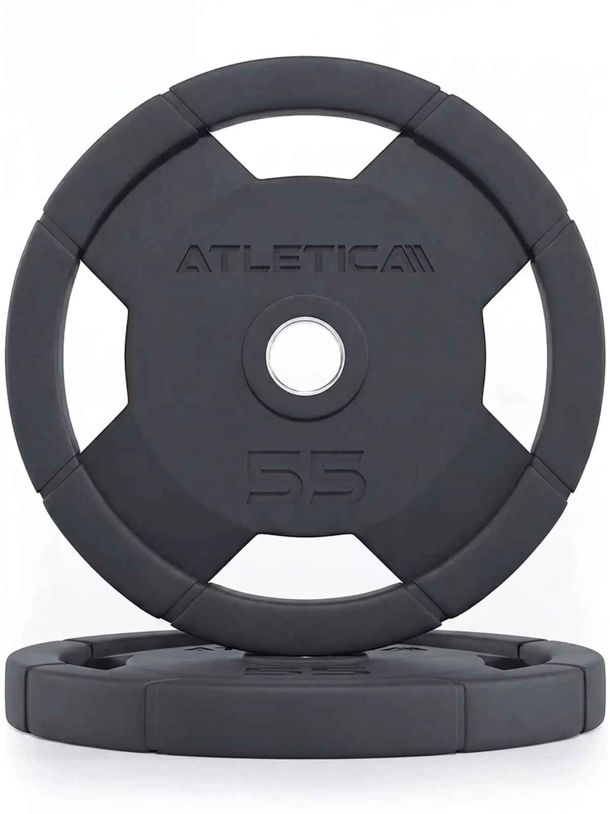 Atletica 4H grip plates pair 55 lb, embossed weight and logo, front view