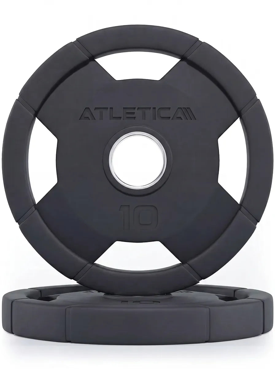 Atletica 4H grip plates pair 10 lb with steel center ring, one standing on one lying, front view