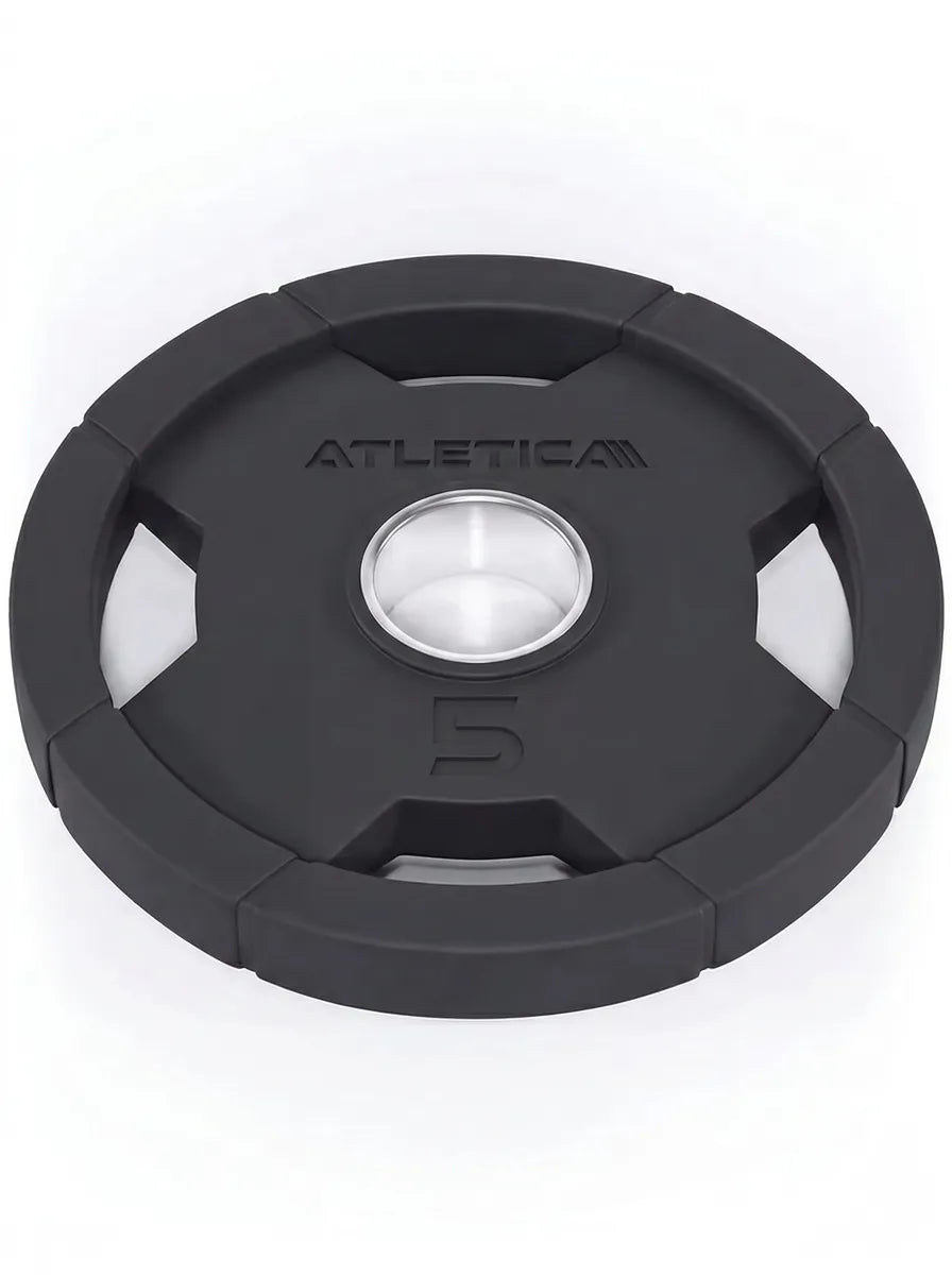 Atletica 4H gripper plate 5 lb lying flat, top angled view of the chrome center ring