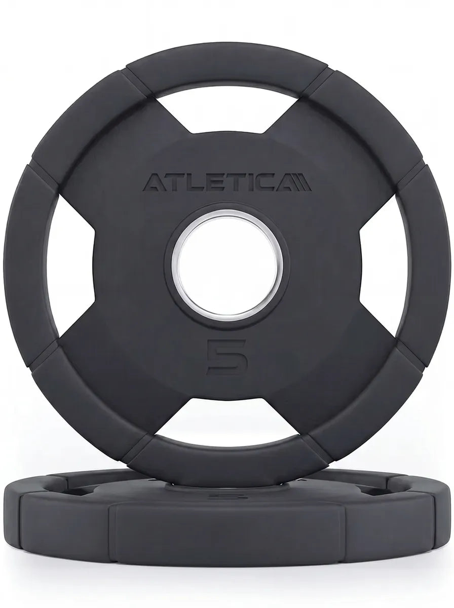 Atletica 4H grip plates pair 5 lb with steel center ring, one standing on one lying, front view