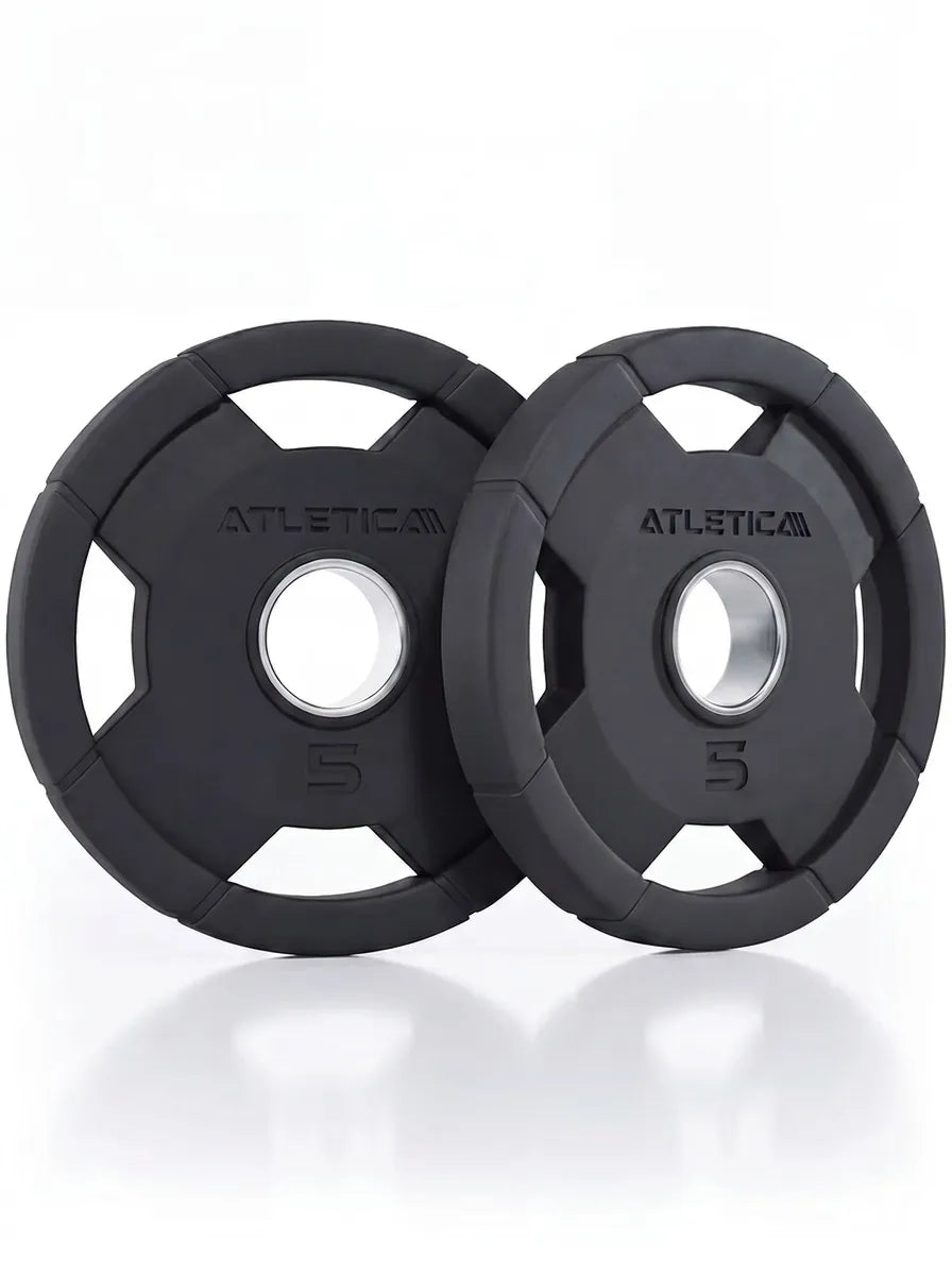 Atletica 4H gripper plates 5 lb, pair standing side by side, angled view