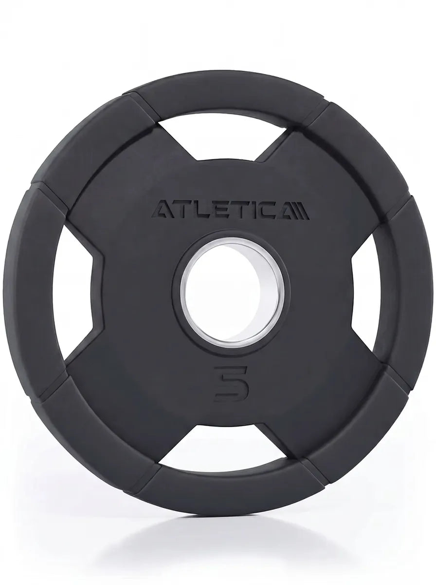 Atletica 4H gripper plate 5 lb, front view of the four-grip rubber plate with steel insert
