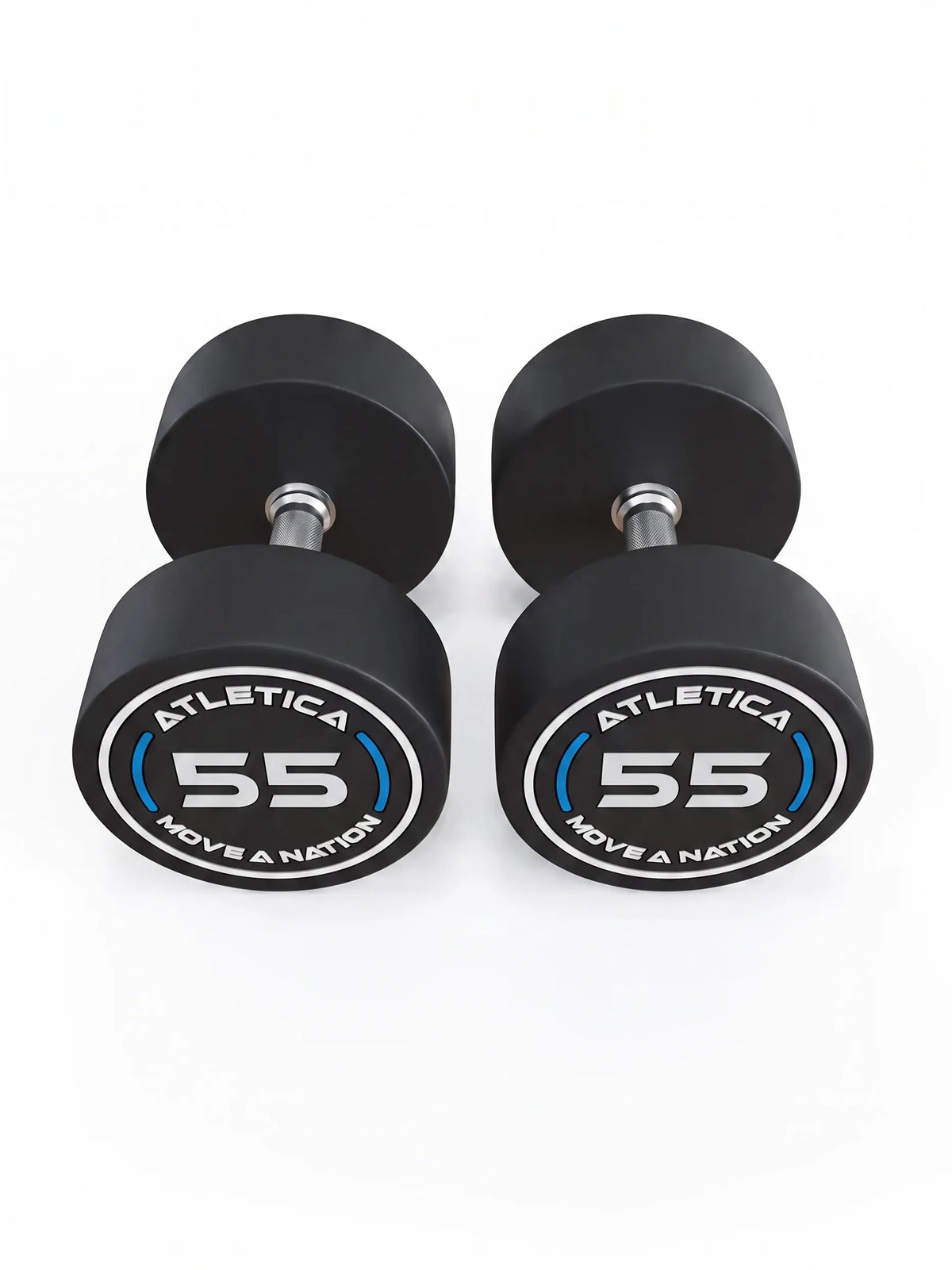 Round Dumbbells PRO In Pairs - two black dumbbells, weight 60 lb, silver grips, made of polyurethane, for dumbbell strength training