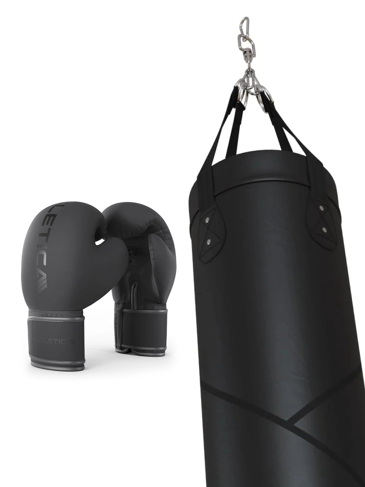 BBX Set - black punching bag with hanging mount, black boxing gloves