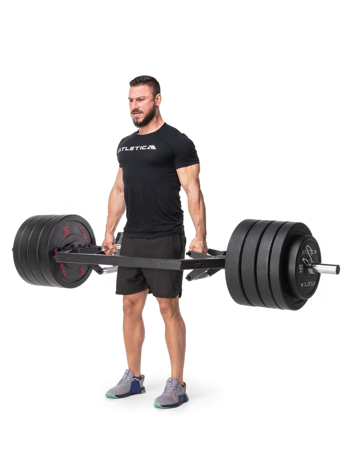 Open Hex Bar - Deadlift with the special Barbell, loaded with black Bumper Plates