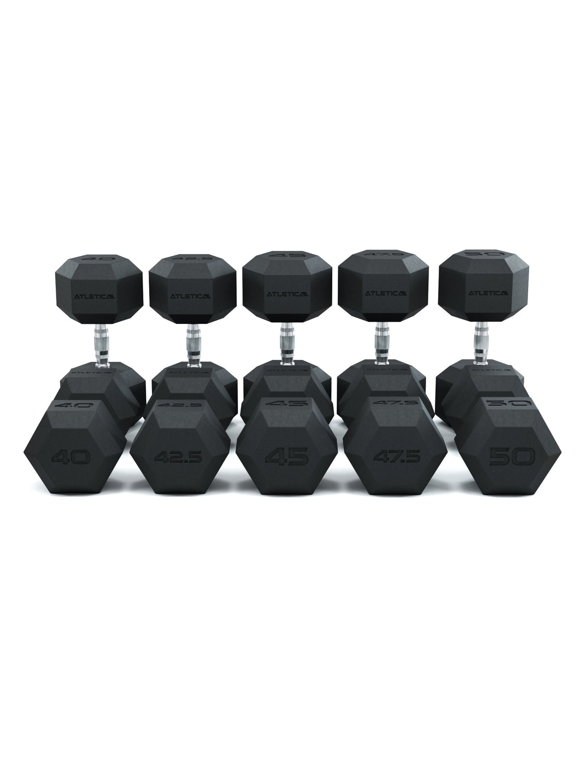 Atletica Hexagon PRO dumbbell set 2, 5 pairs of black hex dumbbells, front view