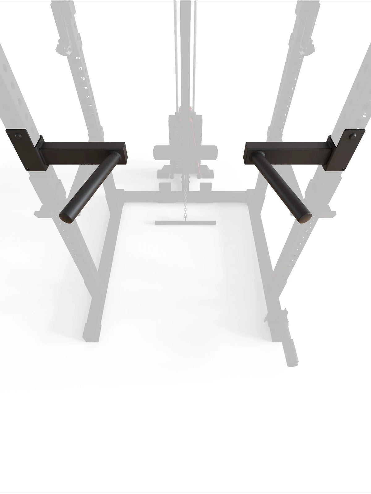 R7 Dip Station in front view mounted on the rack | black angled dip arms