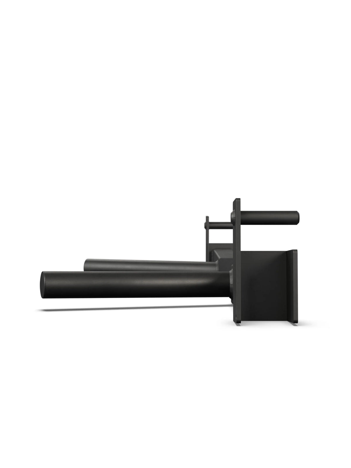 R7 Dip Station Side View with Massive Steel Construction and Extended Dip Arms in Black Finish